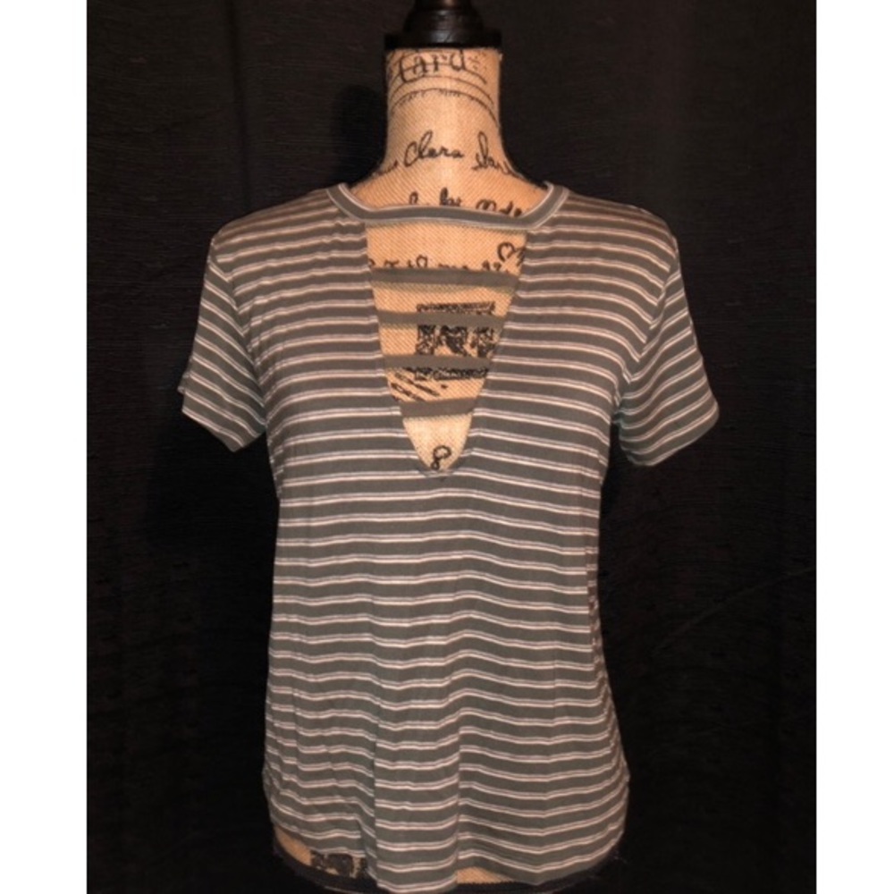 Low cut Green and White striped shirt